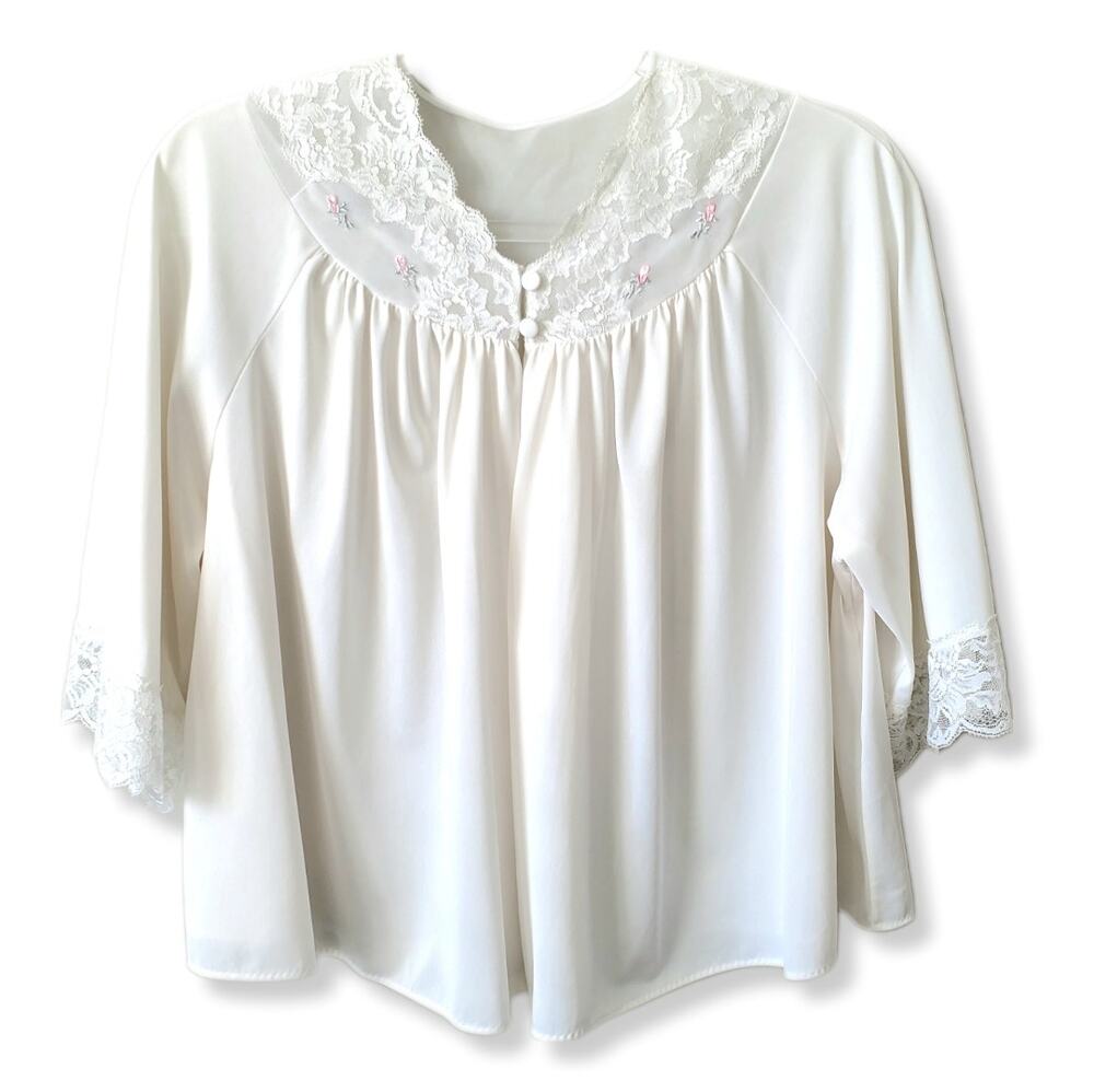 MCM 60s Women Cropped Night Jacket L Lingerie Romantic Delicate Sheer Frilly USA